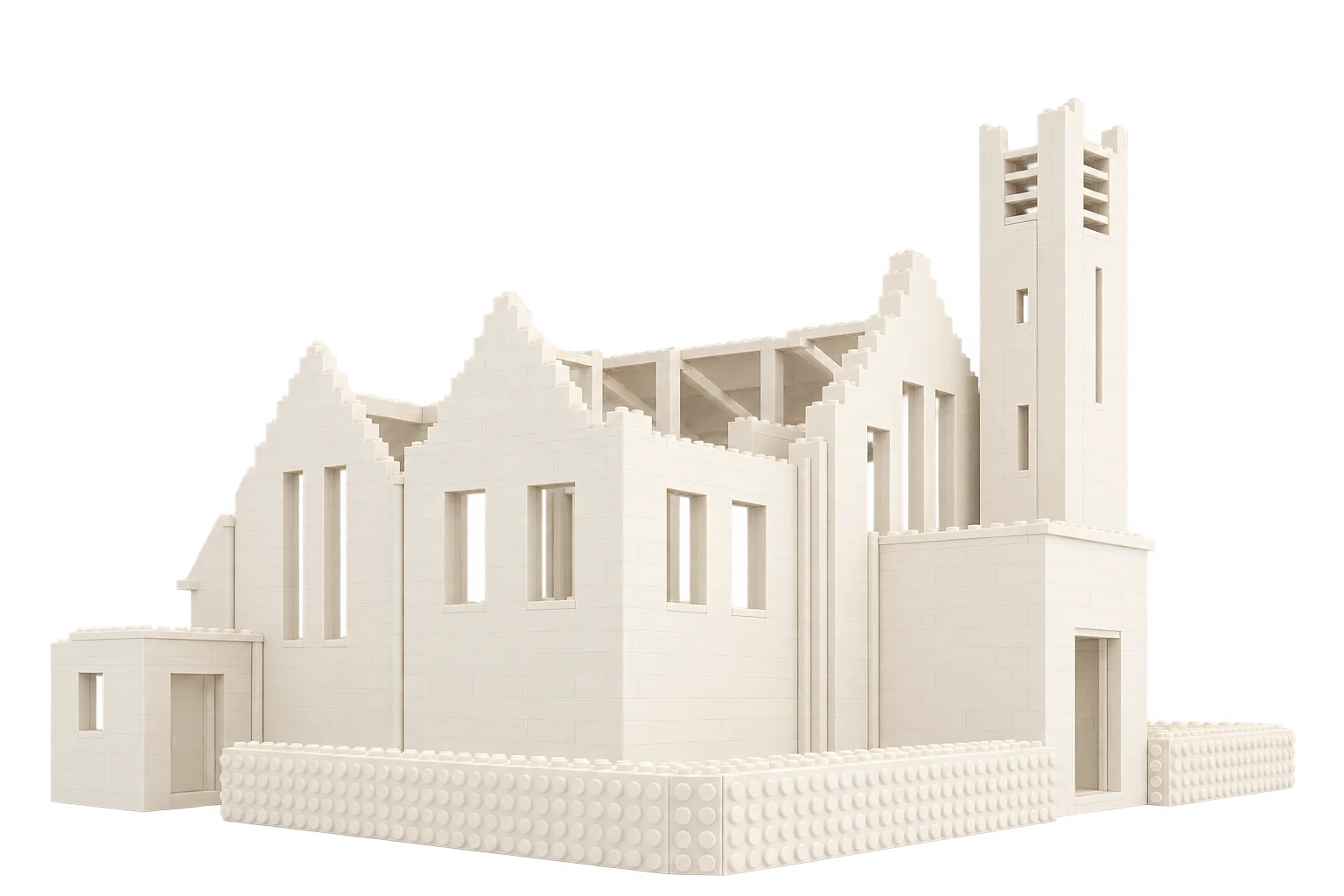Conceptbeeld van de witte kerk in opbouw